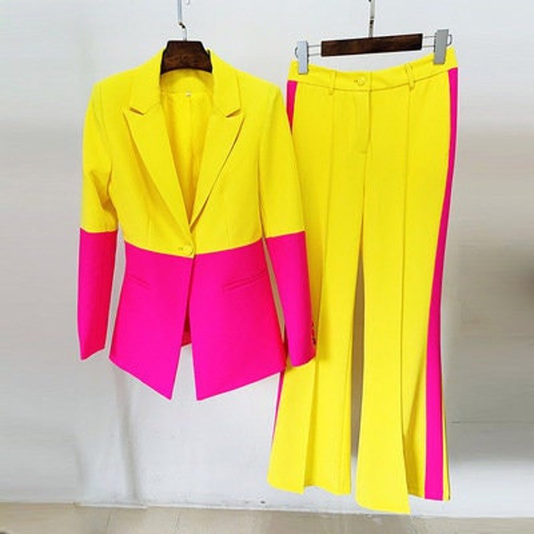 Yellow Hot Pink Colored Women Pantsuit Colourblocked Blazer Etsy