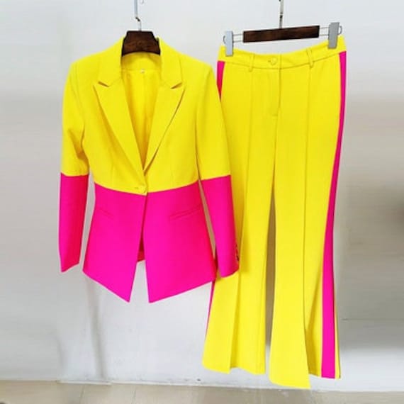 Buy Yellow Hot Pink Colored Women Pantsuit Colour-blocked Blazer