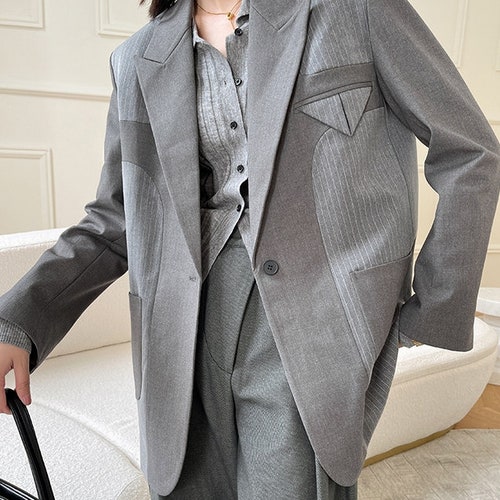 Gray Patchwork Pantsuit, Designer Woman Korean Minimalist Style Loose Fit Suit Jacket + Pants for Smart Casual/ buy Formal/ Event Party/ Gift