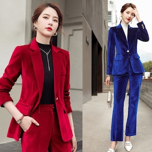 Velvet Red Pantsuit, Deluxe Designer Woman Korean Style Minimalist Montone Suit  Jacket Pants for Smart Casual/ Formal/ Gift for Her -  Ireland
