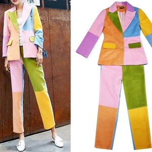 Patchwork Color Pantsuit, Designer Woman Suit Jacket + Pants Woolen Collage Art Vintage Style for Smart Casual/ Formal/ Event Party/ Gift