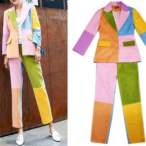 Patchwork Color Pantsuit, Designer Woman Suit Jacket + Pants Woolen Collage Art Vintage Style for Smart Casual/ Formal/ Event Party/ Gift