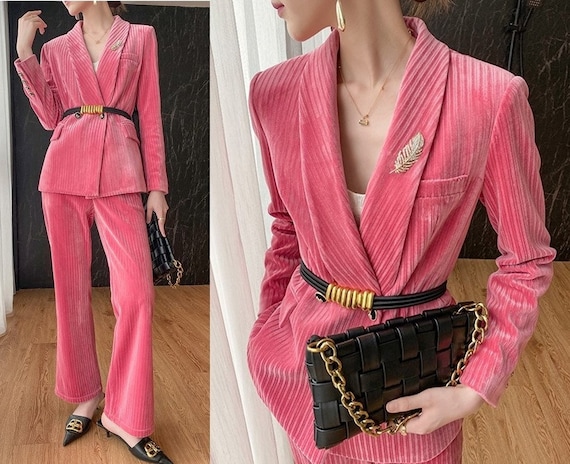 Cute Pink Velvet Pantsuit, Designer Woman Suit Jacket Pants Slim Cut Deluxe  for Smart Casual/ Formal/ Party Event/ Gift -  Sweden