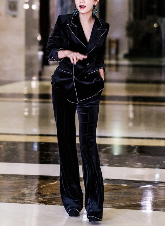 Black Velvet Pantsuit, Designer Women Suit Jacket Pants Slim Cut