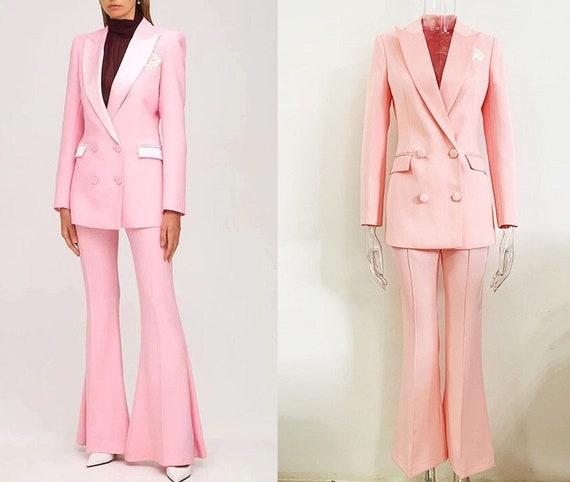 Rosa glänzender Hosenanzug, Designer Damen Anzug Jacke/ Blazer