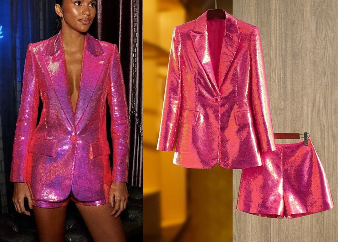 Bling Pink Sequin Blazer shorts Suit Set, Designer Women Slim Cut