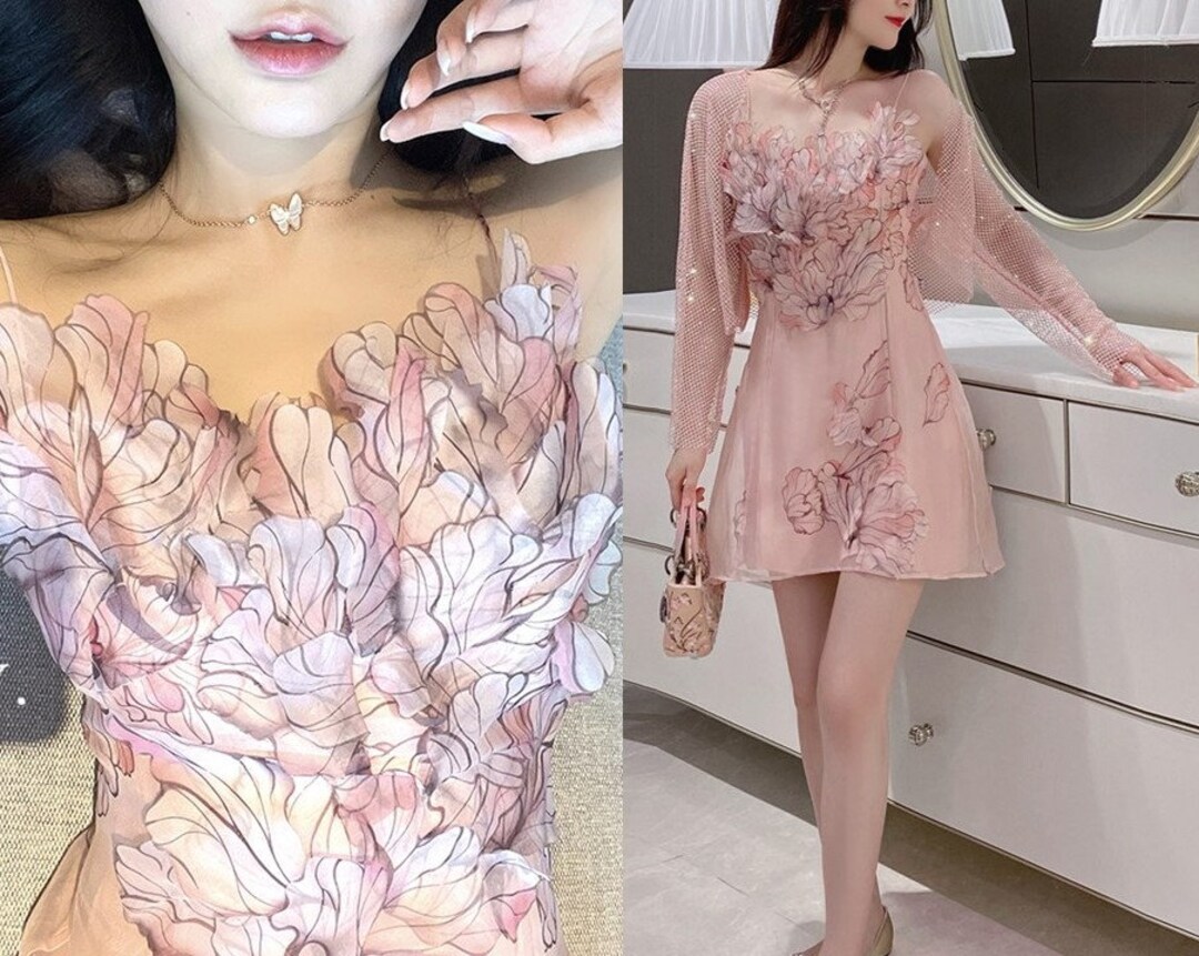 Pink Floral Petal Dress, Designer Woman Ruffle Pattern One Piece for