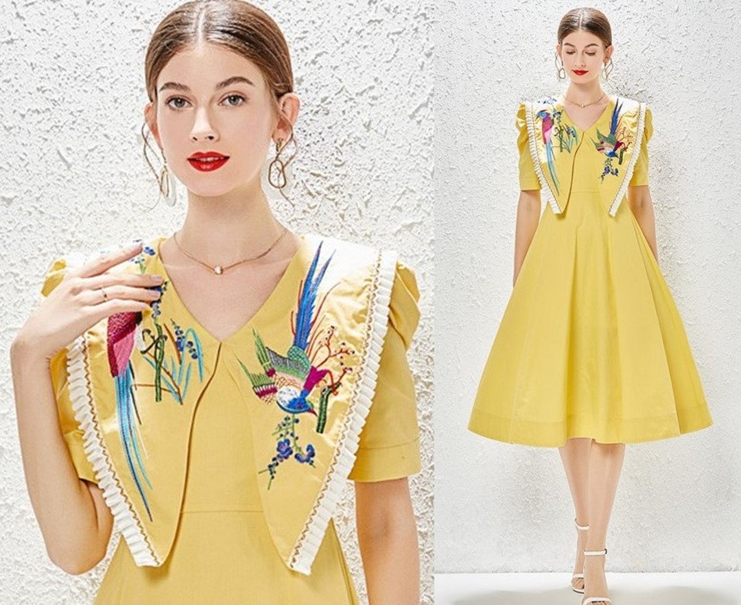 Women Summer Dress Bird Embroidery Pattern Royal Style Halter Etsy