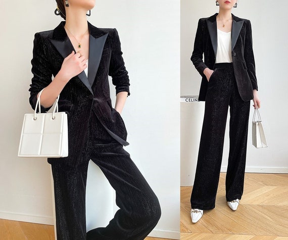 Black Slim Cut Velvet Pantsuit, Designer Women Winter Suit Jacket/ Blazer  Wide Legged Pants, Smart Causal/ Formal/ Party Event/ Prom -  Israel