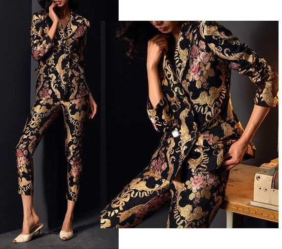 Women Floral Embroidery Suit Set, Subtle Pattern Deluxe Designer