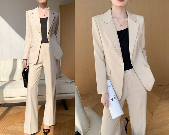 Beige Women Slim Cut Pantsuit, Designer Woman Modern Blazer Pants Suit Set,  Smart Causal Formal Office Party Event Prom Wedding Gift -  Canada