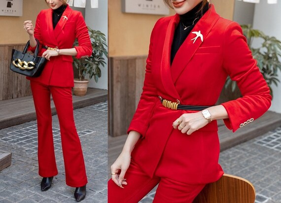 Red Formal Pantsuit for Women, Red Pants Suit for Office, Business