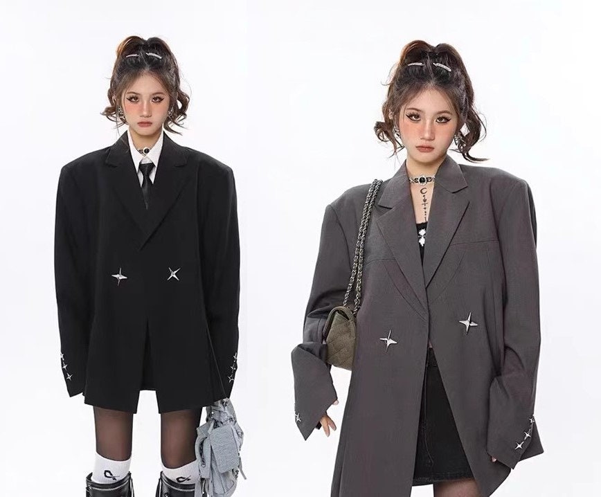 2022 Ladies Midi Black Jacket Blazer Dress Loose Korean Style Fashion