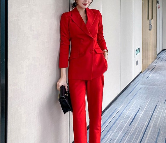 Red Formal Pantsuit for Women, Red Pants Suit for Office, Business