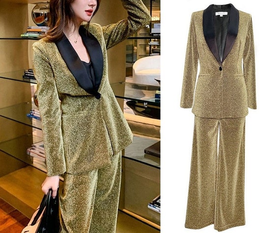 Black and clearance gold pants suit