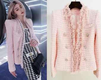 Women Custom Made Check Tweed Pink Colour Tassel Fringe Jacket 