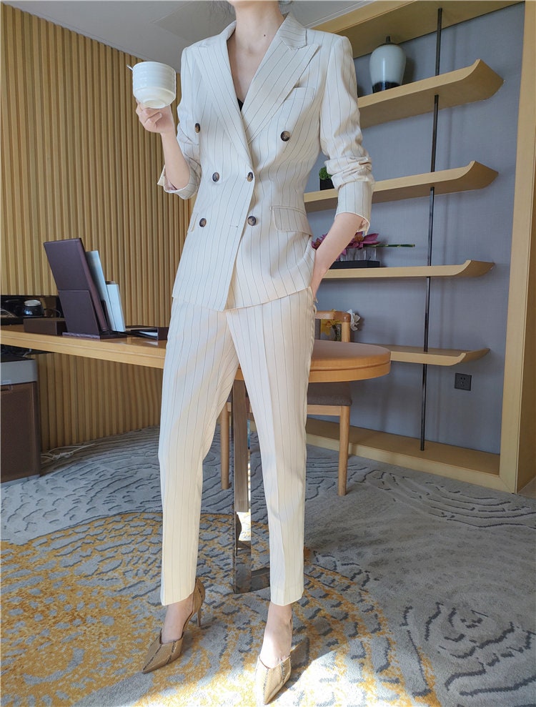 Autumn And Winter Fashion Casual Striped Blazer Jacket Straight Wide-Leg  Trousers Two-Piece Suit - The Little Connection