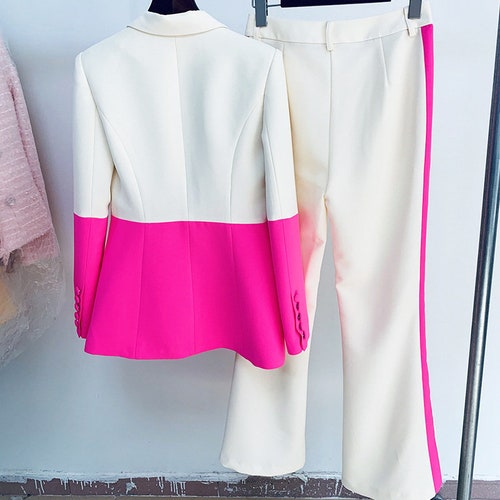 Designer Pantsuit, Women Sky Blue and Orange Colour- Blocked Crash Blazer + Mid-High Rise Flare Pants Suit Office Wear Event shops Party Wedding