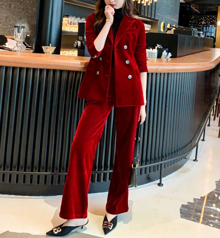 Velvet Red Pantsuit, Deluxe Designer Woman Korean Style Minimalist Montone Suit  Jacket Pants for Smart Casual/ Formal/ Gift for Her 