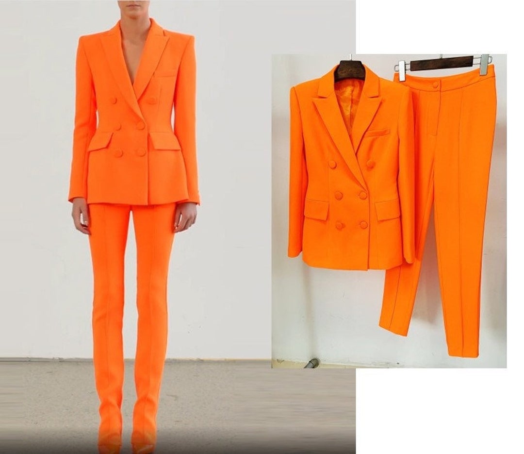 Sharp Orange Pantsuit, Designer Woman Slim Cut Suit Jacket/ Blazer ...