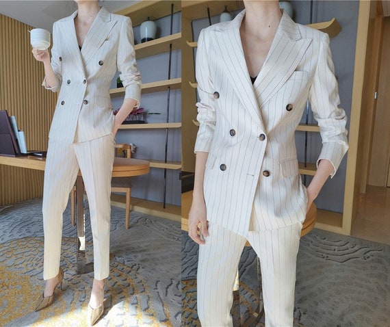 White Striped Pattern Pantsuit, Designer Woman Suit Jacket Pant