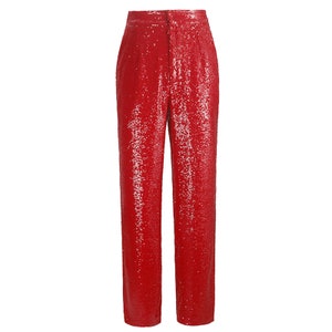 Red Sequin Layer Pant Suit, Designer Woman Shiny Suit Jacket Pant Set ...