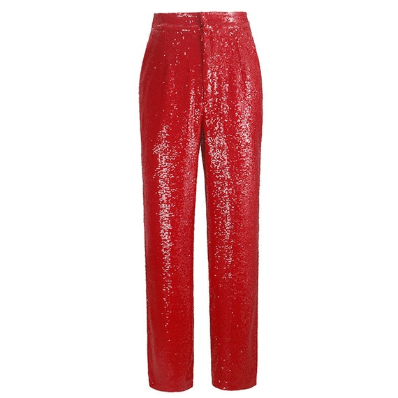 Red 2 Pieces Modern Women Suit Top Pants Slim Fit Sequins Bow Tie