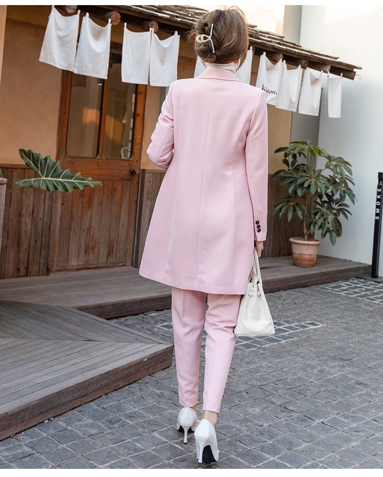 Pink Long Suit Jacket Vest Pants, Woman Designer Blazer Pantsuit