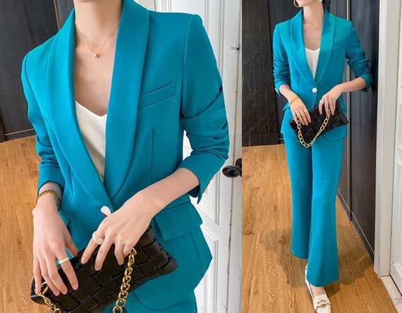 Blue Green Modern Pantsuit, Designer Woman Korean Style Soft Monotone Suit  Jacket Pants for Smart Causl/ Formal/ Gift for Her -  Denmark