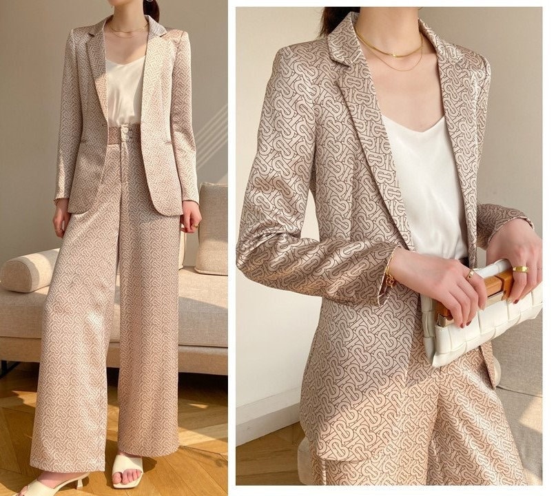 Champagne Colored Pantsuit, Designer Women Suit Jacket Pants Typography  Pattern for Smart Casual/ Formal/ Event Party/ Gift 
