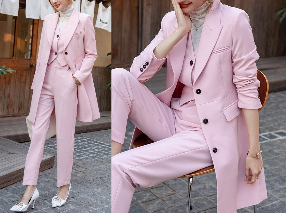 Pink Long Suit Jacket Vest Pants, Woman Designer Blazer Pantsuit