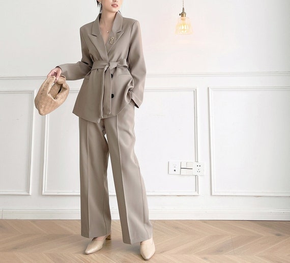 Beige Chic Pantsuit, Designer Woman Korean Style Monotone