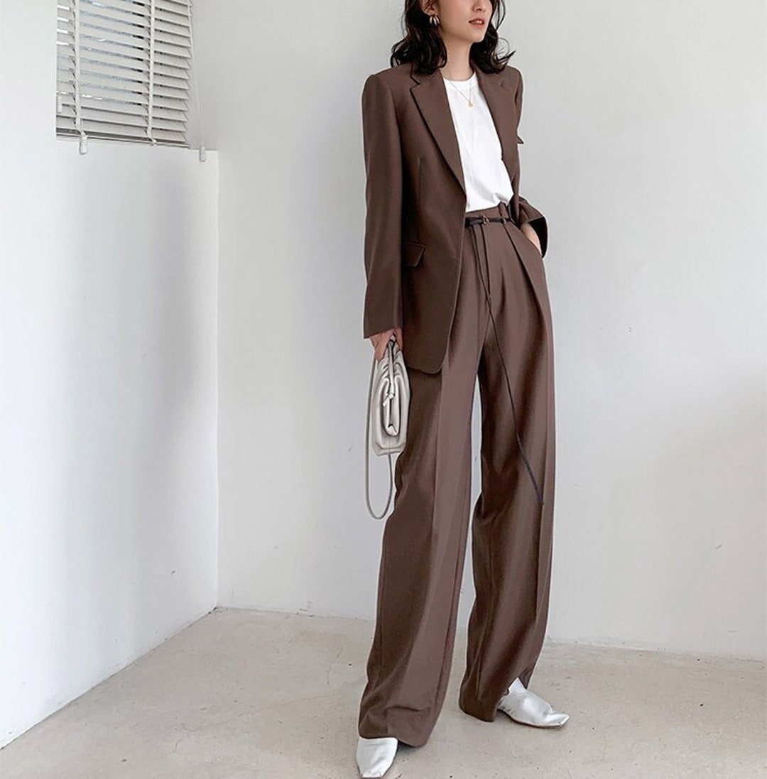 Brown Chic Pantsuit, Designer Woman Korean Style Minimalist Montone ...