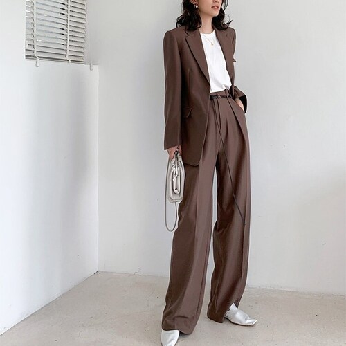 Brown Chic Pantsuit Designer Woman Korean Style Minimalist - Etsy Hong Kong