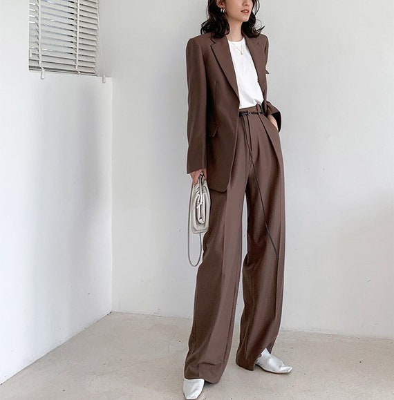 Brown Chic Pantsuit, Designer Woman Korean Style Minimalist