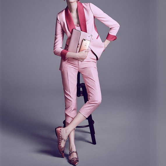 Pink Suit Jacket Pant Vest Set, Woman Designer Pant Suit Variance