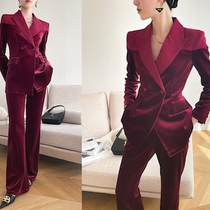 Dark Red Velvet Pantsuit Designer Women Long Sleeves Winter Suit