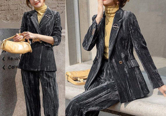 Gray Velvet Pantsuit, Designer Woman Suit Jacket Pants Slim Cut Deluxe for  Smart Casual/ Formal/ Party Event/ Gift -  Norway