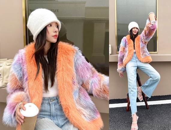Fluffy Furry Faux Fur Jacket Coat Multi color Rave Punk Goth Cozy