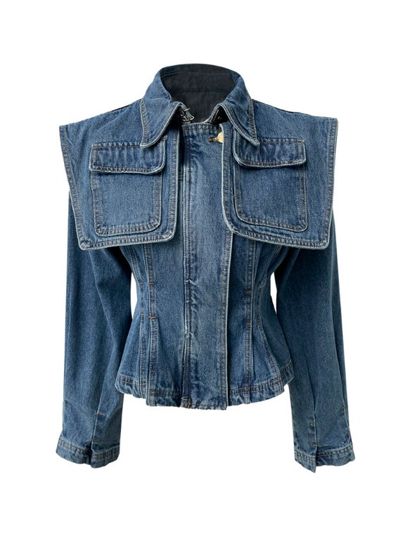 Denim Jacket With Large Cape Designer Woman Blue Jeans Peacoat