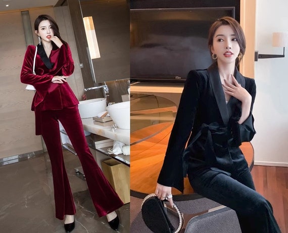 Dark Green/ Red/ Black Velvet Pantsuit, Designer Woman Suit Jacket
