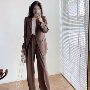 Brown Chic Pantsuit, Designer Woman Korean Style Minimalist Montone ...