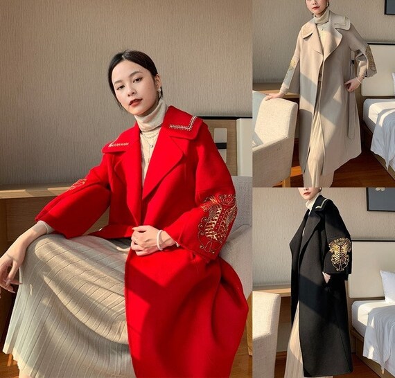 Red Brown Black Wool Trench Coat Designer Woman Embroidery Long