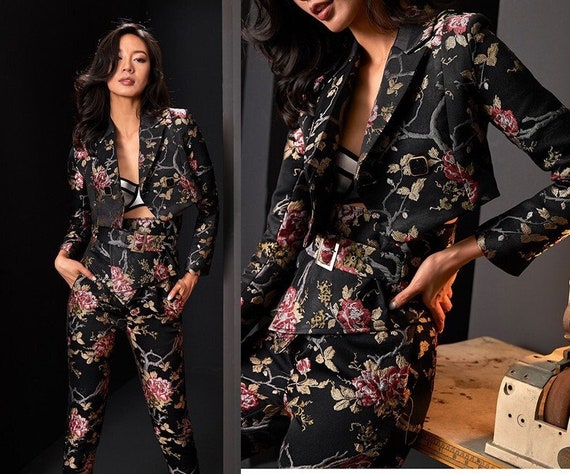 Women Floral Embroidery Suit Set, Subtle Pattern Deluxe Designer Suit  Jacket & Pants Asian Style for Smart Casual/ Formal Event/gift for Her 