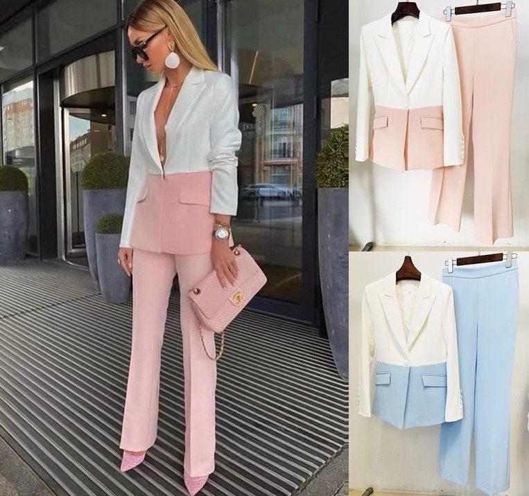 2022 Women Colour-blocked Pastel Color Matches Blazer Mid-high Rise Flare  Trousers Suit Set -  Finland