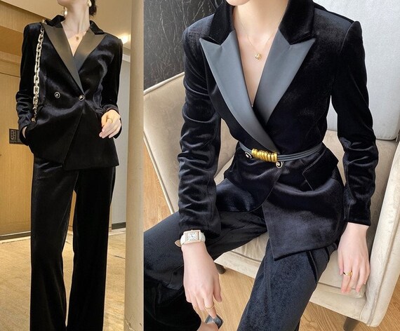 Deluxe Velvet Black Pantsuit Designer 