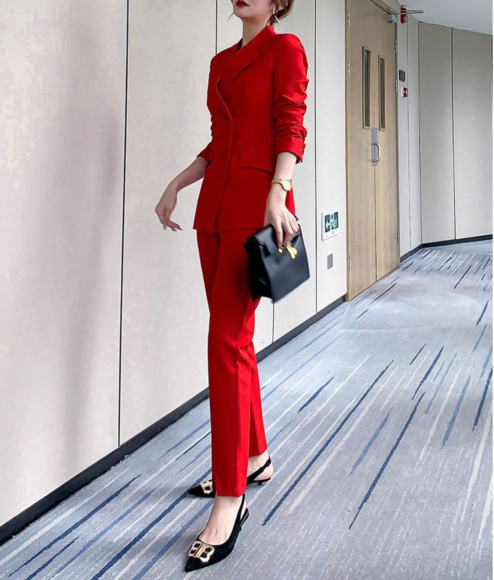 Red Office Pantsuit Designer Woman Suit Jacket Pants Silm - Etsy