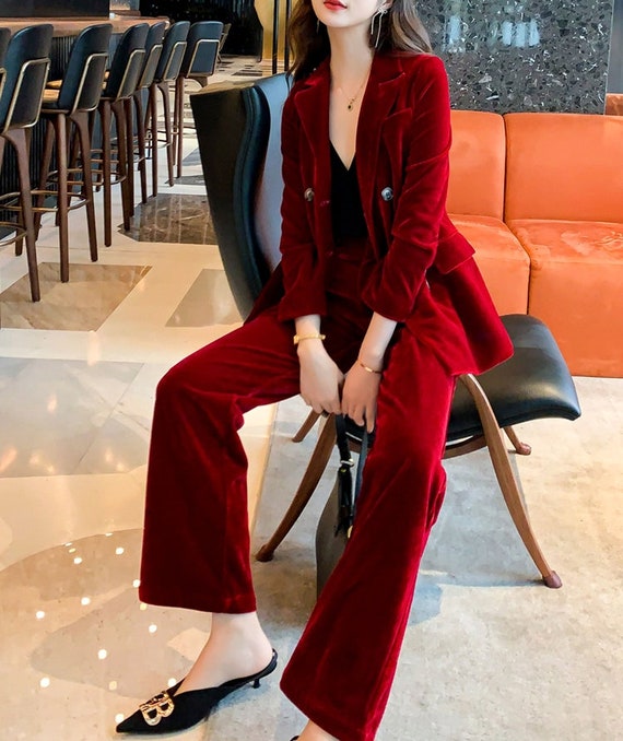 Velvet Red Pantsuit, Deluxe Designer Woman Korean Style Minimalist Montone  Suit Jacket Pants for Smart Casual/ Formal/ Gift for Her 