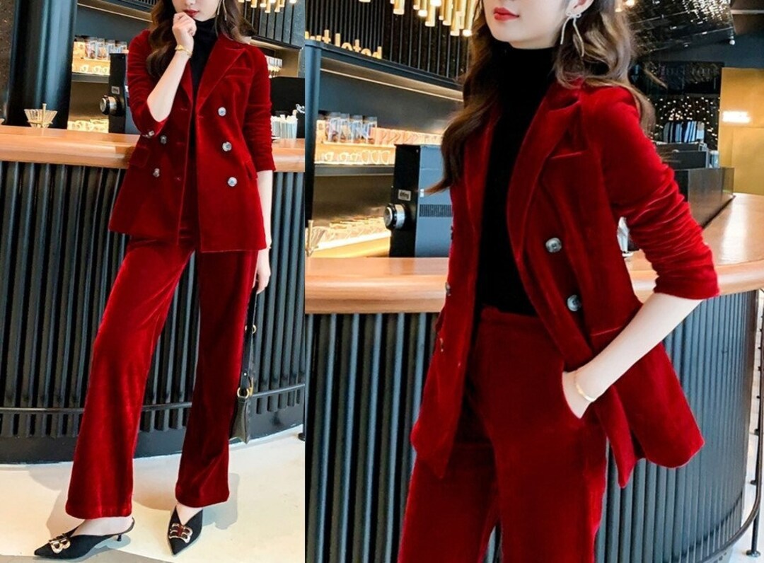 Womens red velvet pantsuit sale