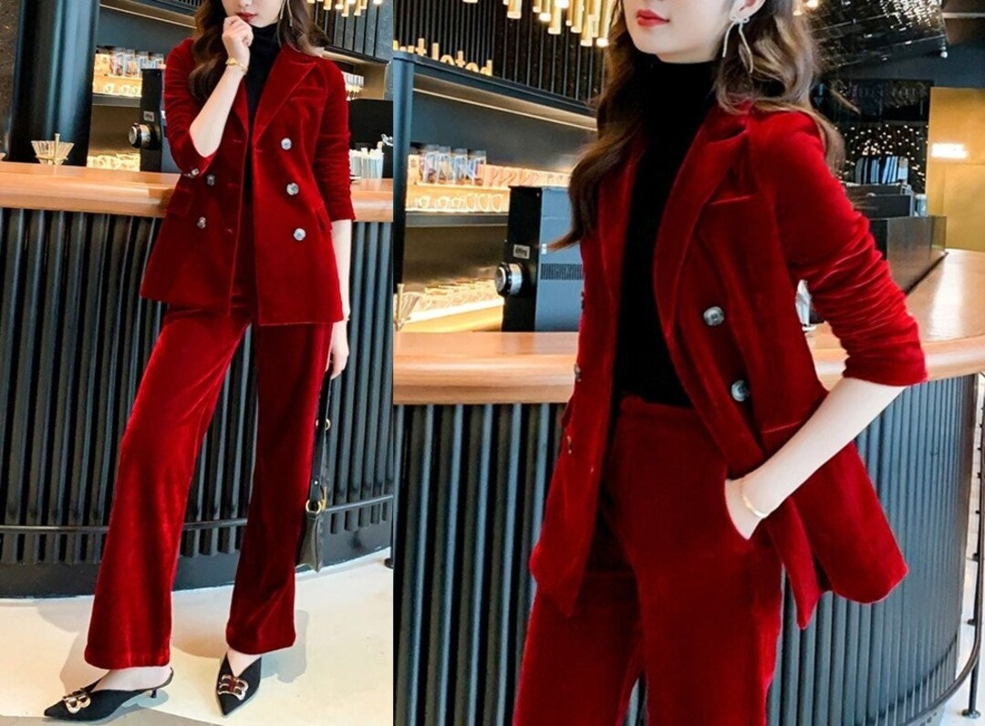 ZHAGHMIN Pants Sets Women 2 Piece Outfits Women'S Fashion Autumn Winter  Suit Jacket Casual Wide Leg Pants Korean Velvet Suit Formal Pants Suits For